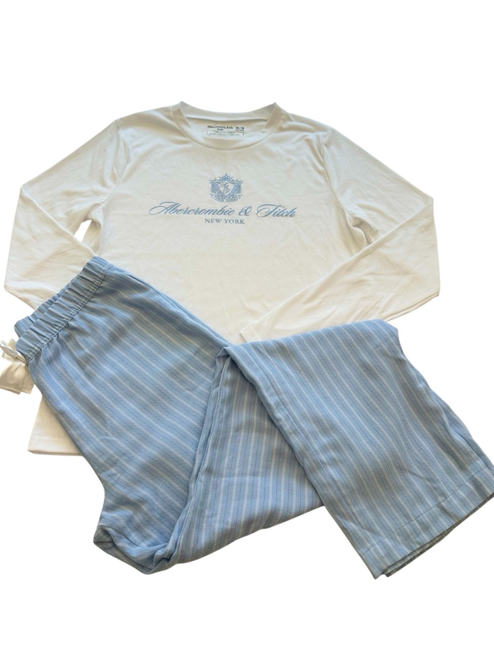Abercrombie & Fitch Kids Pajama Set White Top Light Blue Striped Pants Girls